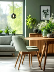 Fototapeta premium Mint color chairs wooden dining table in room with sofa and cabinet near green wall living room