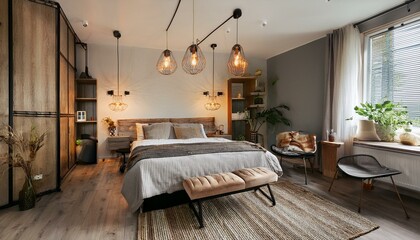 Bedroom interior featuring a combination of wood and metal furniture with hanging industrial lights.