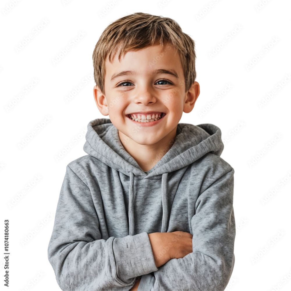 Poster portrait of a smiling boy wearing a jacket, posed with arms crossed, isolated on transparent backgro