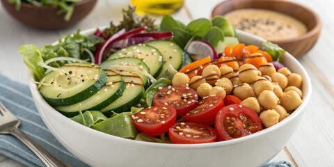Colorful Salad Bowl A closeup of a vibrant salad featuring mixed greens cherry tomatoes cucumber slices and chickpeas drizzled with a light vinaigrette.