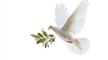 Obraz premium A flying white dove with an olive branch in its beak, isolated on a white background, as a PNG clipart piece. It represents the concept of peace. Isolated dove holding an olive leaf,