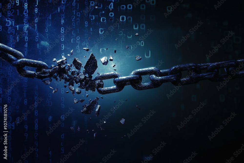 Poster a broken metal chain against a blue background with a digital code pattern.