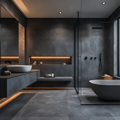 design a master bathroom with bright gray and dark gray color