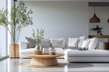 Fototapeta premium modern living room Style Studio apartment with white corner sofa Scandinavian home interior design