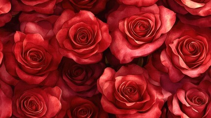 Fototapeta premium Seamless pattern featuring hand drawn watercolor red roses in a vibrant bouquet illustration
