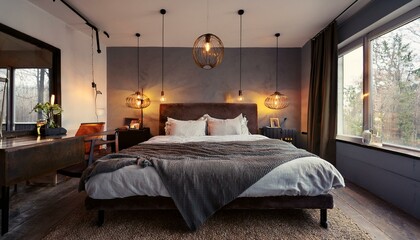 Cozy hotel room with an industrial touch, featuring a bed and vintage pendant lights.