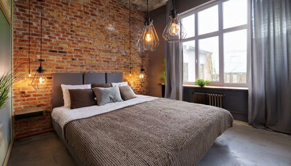 Modern bedroom with an industrial concept, exposed brick, and hanging Edison bulbs.