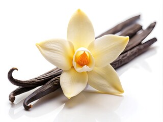 Vanilla Flower and Bean for Flavored Drinks - Isolated on White Background - Natural Ingredients for Culinary Delights
