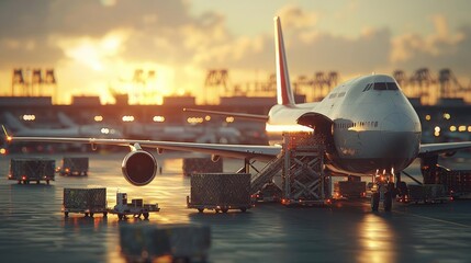 Airplane on tarmac at sunset, cargo containers nearby, dramatic sky.