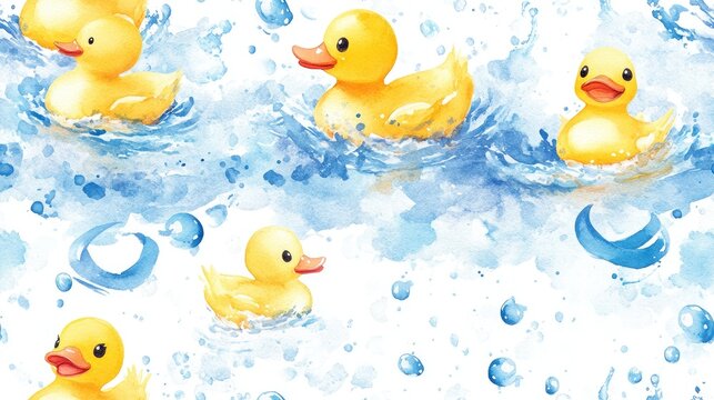 Seamless pattern of playful yellow rubber duck watercolor illustrations surrounded by blue water droplets and decorative ribbons