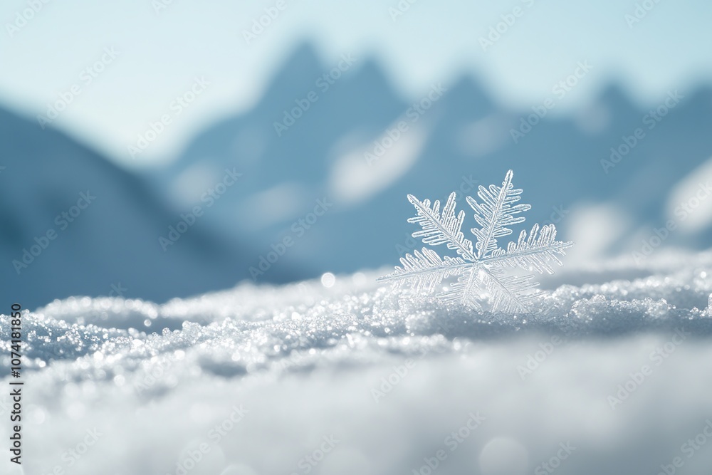Poster a delicate snowflake rests on fresh snow in front of a mountain range.