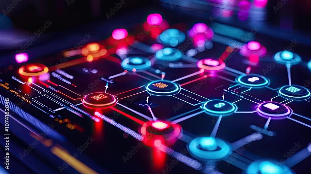 Poster futuristic interface with glowing buttons and connections on a dark background.