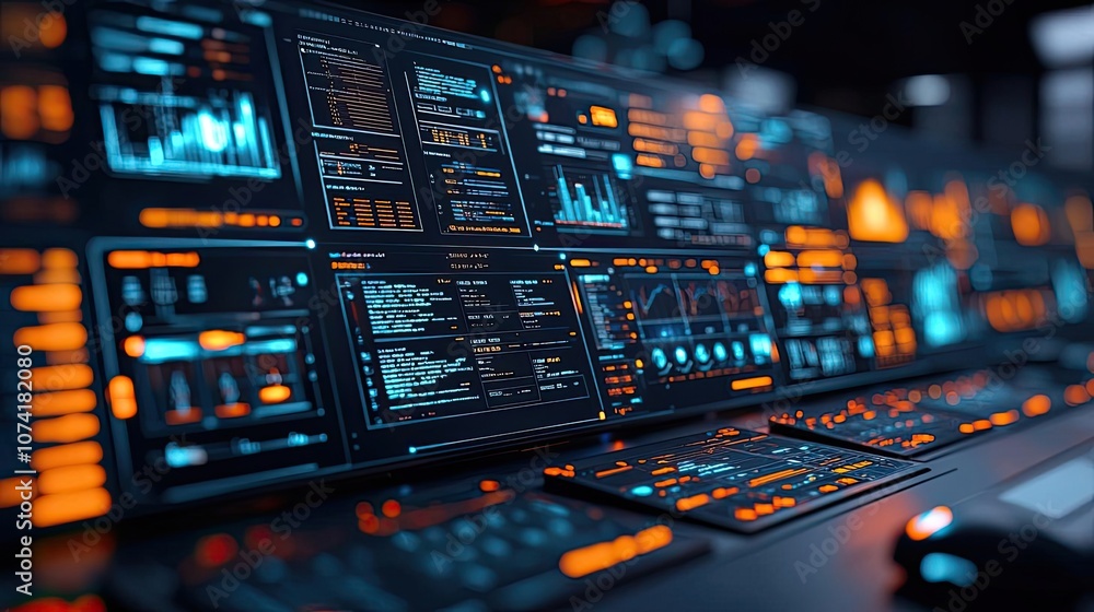 Aufkleber futuristic control panel with glowing screens and data visualizations.