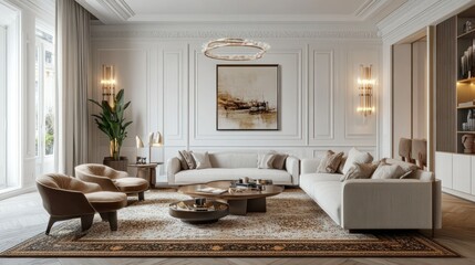 Illustration of a serene living room with a neutral color palette and plush carpet for added comfort. Ai generated image