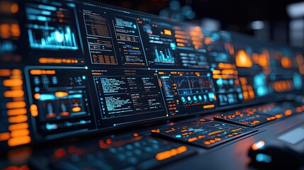 Obraz premium Futuristic control panel with glowing screens and data visualizations.