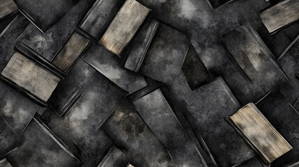 Seamless pattern featuring a blend of black antique books and watercolor stains on gray textured paper ideal for vintage themed designs