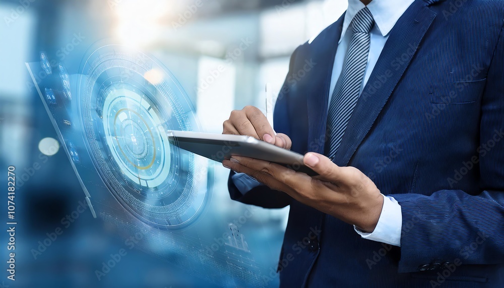 Poster a business professional using a digital tablet, interacting with a holographic interface that displa