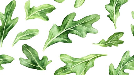 Seamless pattern of fresh arugula leaves in watercolor style on a clean white background perfect for textiles and menu design food illustration