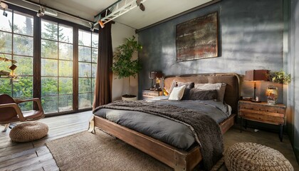 Bedroom interior design with a rustic-industrial style, featuring a bed and metal fixtures.