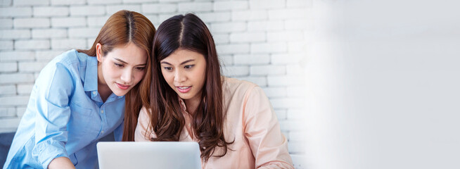 Banner Happy success business woman partner meeting working together in company office. Panoramic...