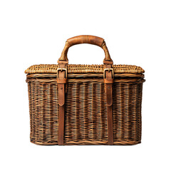 Woven picnic basket with leather straps, isolated on white background.