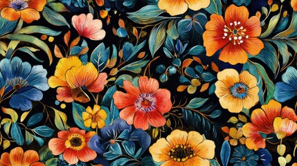 Watercolor seamless pattern featuring vibrant flowers and leaves in ethnic styles ideal for textile design and floral decorations