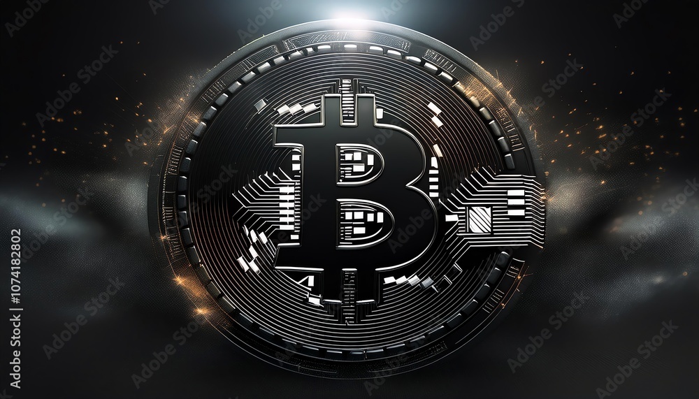 Poster a striking representation of a bitcoin symbol, featuring intricate circuitry and a dark, cosmic back