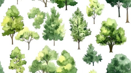 Seamless watercolor pattern of deciduous green trees and leafy bushes ideal for botanical and landscape design