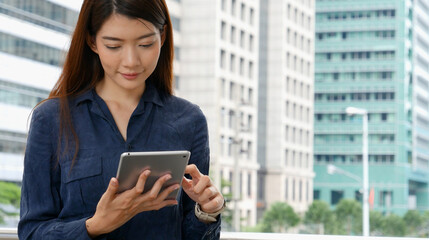 Fototapeta premium Business woman using smartphone shopping online, call, texting message internet technology lifestyle. Asian woman using cellphone walking on city street. Smart phone smart confident woman modern city