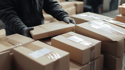 A worker preparing packages with protective materials, showing effective packaging solutions in logistics 