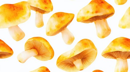 Naklejka premium Seamless watercolor pattern of yellow honey mushrooms on a white background ideal for autumn themed packaging and invitations
