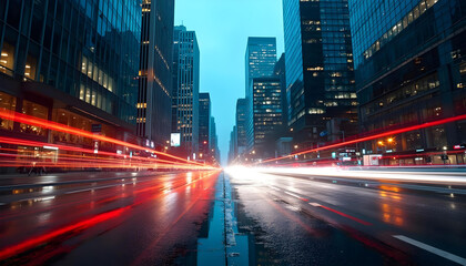 Obraz premium light line speed race on the street building city