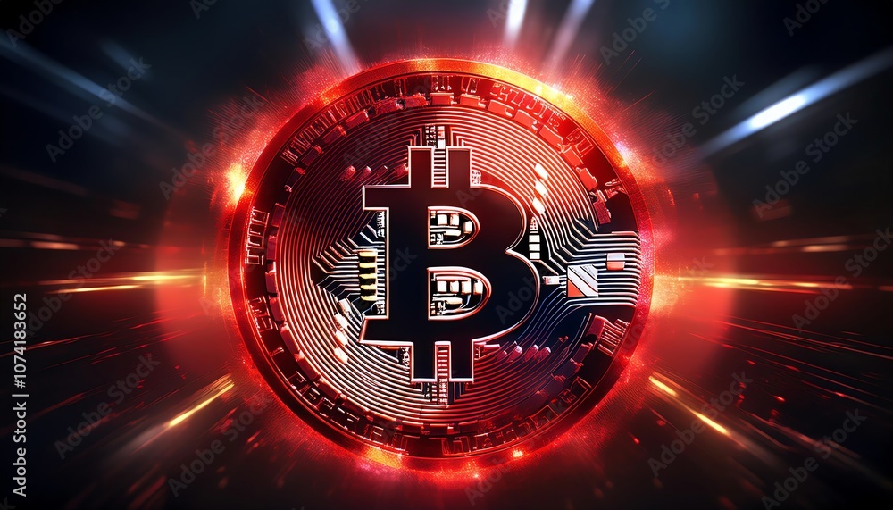 Poster a vibrant digital representation of a bitcoin symbol surrounded by glowing effects and a technologic