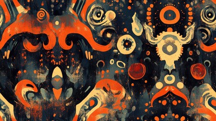 Seamless pattern of an abstract ethnic drawing featuring animal motifs in a gritty watercolor style perfect for fashion design or textile applications