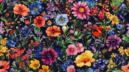 Seamless pattern of vibrant summer flowers in watercolor style for textile design and home decor