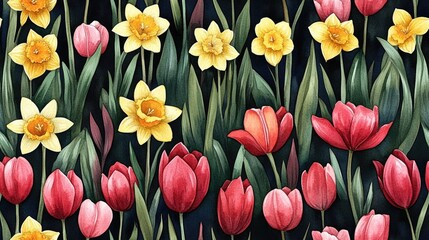 Seamless pattern featuring vibrant watercolor tulips and daffodils ideal for floral design projects
