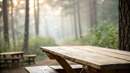 vacant wooden table with a blue backdrop of a forest.