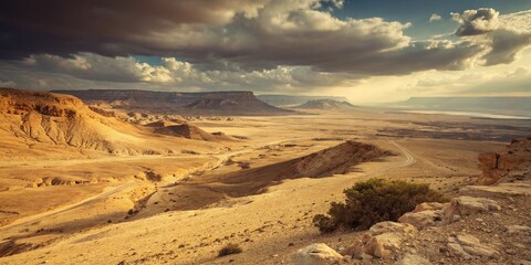 Fototapeta premium Vintage Style Photography of Negev Desert, Israel: Capturing the Timeless Beauty of Arid Landscapes with Golden Sunlight and Striking Horizons in a Nostalgic Tone