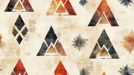 Tribal beige geometric pattern featuring hand painted Aztec designs seamless ethnic background with floral textures and watercolor effects