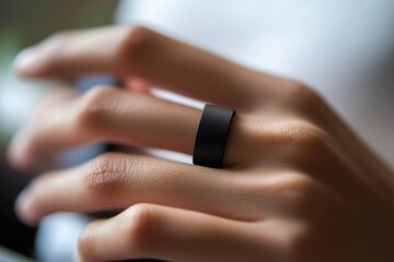 Closeup of a woman's hand wearing a simple black ring.