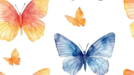 Seamless watercolor butterfly pattern with vibrant colors on a clean white background ideal for textile design and digital prints