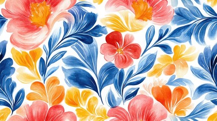 Fototapeta premium Seamless watercolor pattern featuring intricate Russian tile ornaments ideal for textile design and home decor