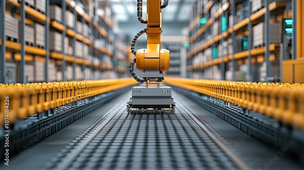 Poster automated robotic arm working in a modern warehouse environment.