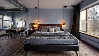 Spacious bedroom with an industrial look, bed, and metal accents.