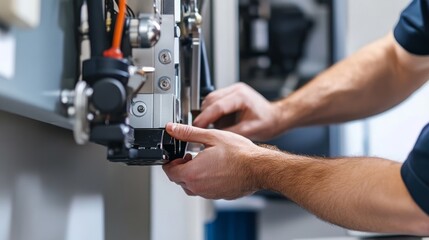 A technician adjusts machinery, showcasing precision and skill in a mechanical environment.