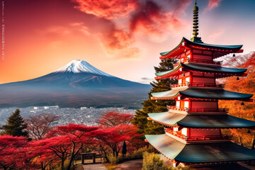 Obraz premium Red pagoda sits in front of a mountain range