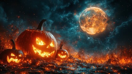 Fototapeta premium Spooky Halloween scene with glowing pumpkins and a dramatic moon.