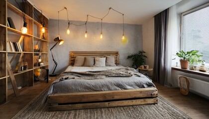 Bedroom interior with industrial lighting and a wooden bed frame.