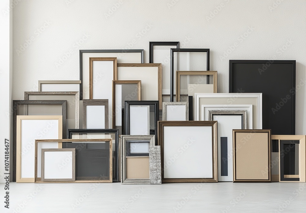 Poster a collection of empty picture frames of various sizes and colors leaning against a white wall.