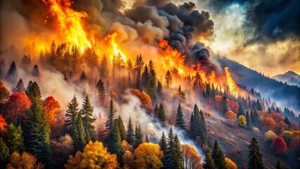 Fototapeta premium Vintage Style Photography of Wildfires in a Mountainous Region at Fall's End, Capturing Dynamic Swirling Flames and Smoke in Rich, Earthy Tones